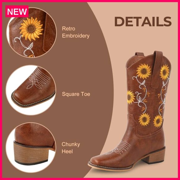 Square Toe Cowboy Boots with Sunflower Embroidery Chunky Heel Mid Calf - Picture 4 of 6